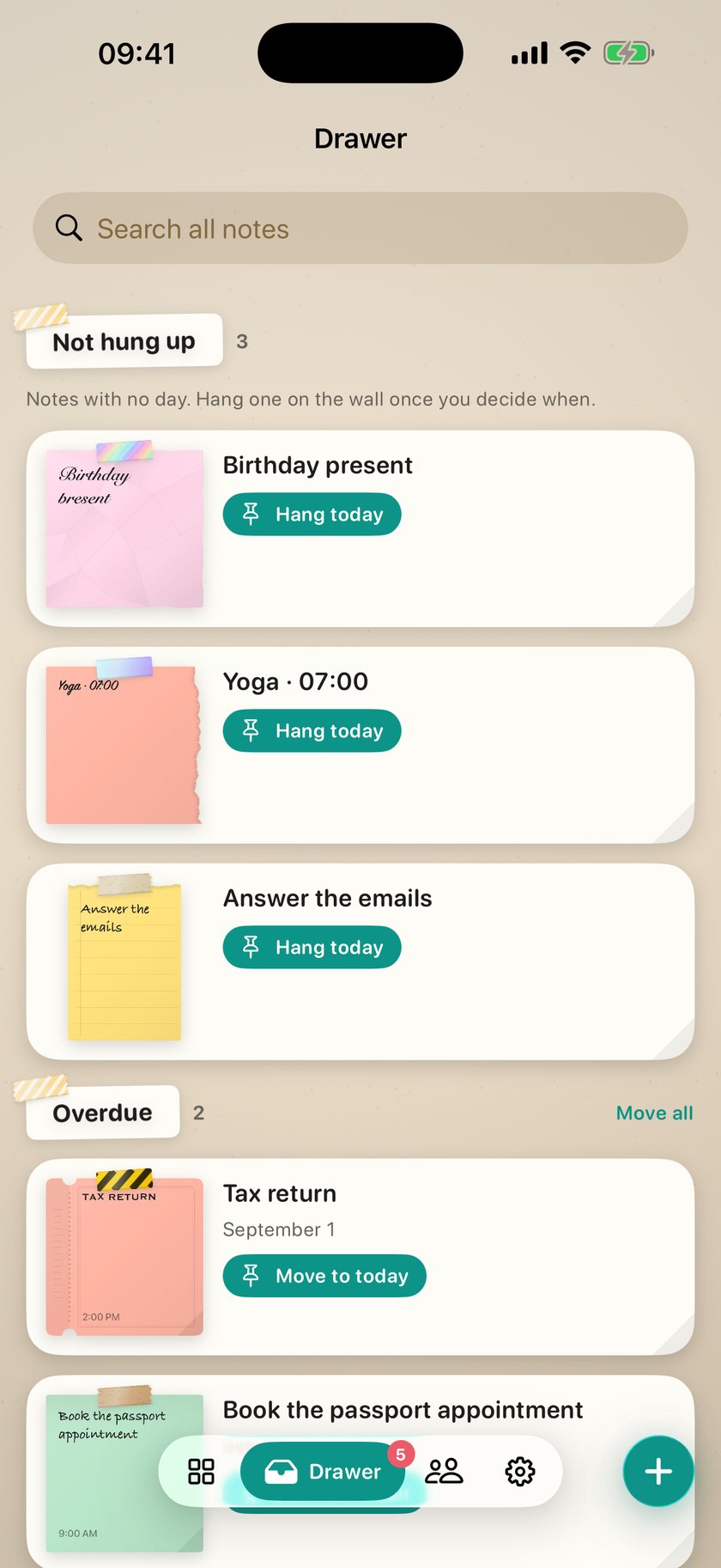 The drawer: notes with no day, overdue paper, and a search field