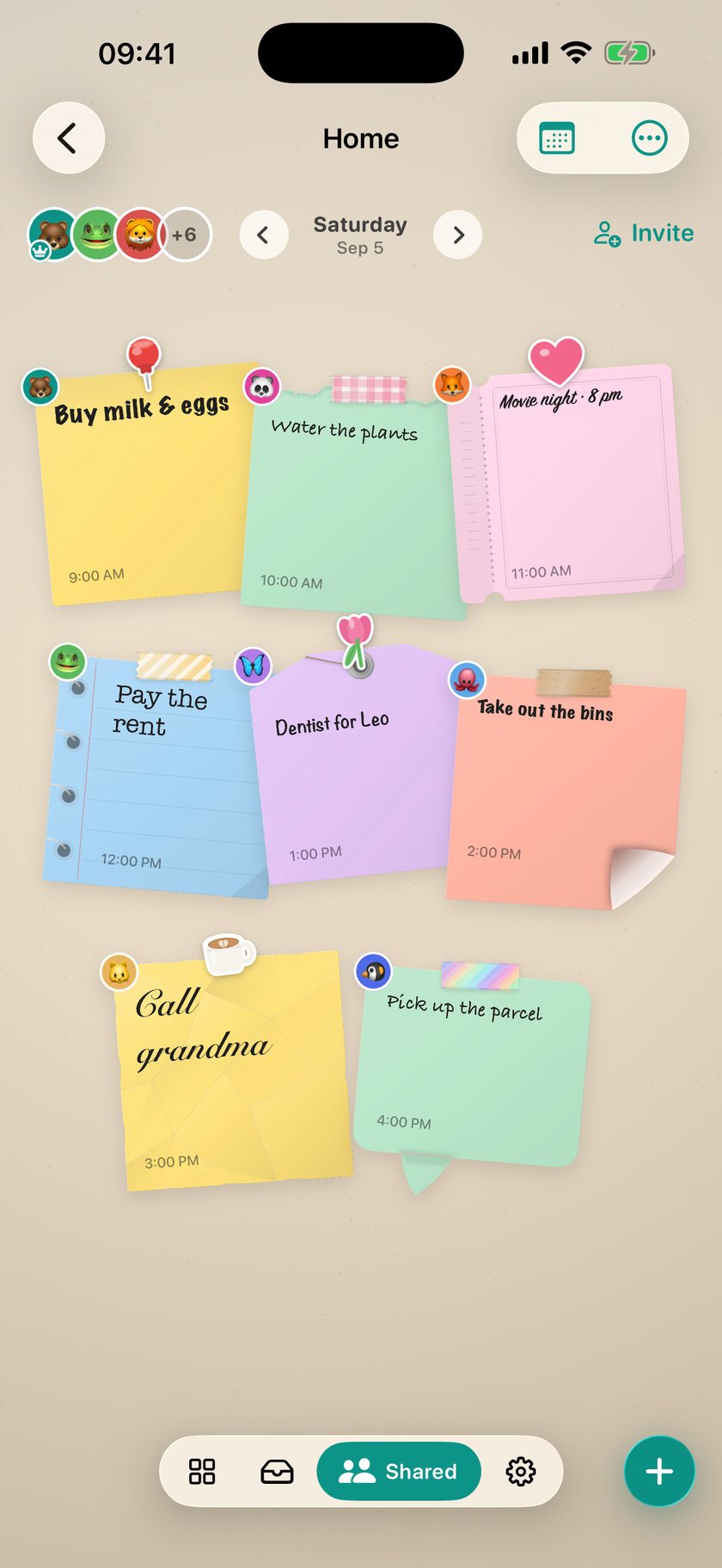 A shared wall named Home with nine people on it and eight notes from different people