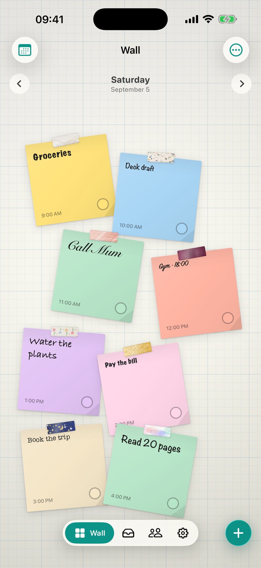A graph-paper wall with eight notes, each taped with a different boutique tape